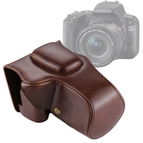 Full Body Camera PU Läderfodral Väska för Canon EOS 200D Kaffe