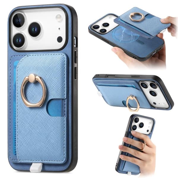 iPhone 18 Pro Max / iPhone 17 Pro Max Retro Cross Läder Ring Sidoficka MagSafe Skal Blå