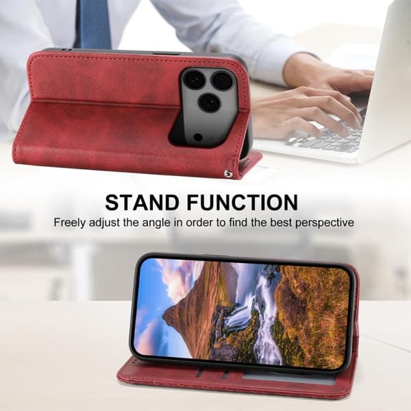 iPhone 18 Pro Max / iPhone 17 Pro Max Skal läderfodral - kubisk rutstruktur av kalvskinn Röd