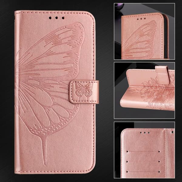 iPhone 18 Pro Max / iPhone 17 Pro Max Skal Läderfodral med Pr präglad Fjäril Roséguld
