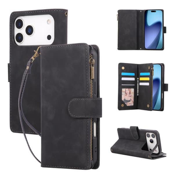 iPhone 18 Pro Max / iPhone 17 Pro Max Skal - läder med multifunktionell kortficka Svart