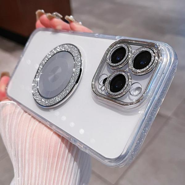 iPhone 16 Pro Transparent Glitter CD Textur Rotating Skal Silver