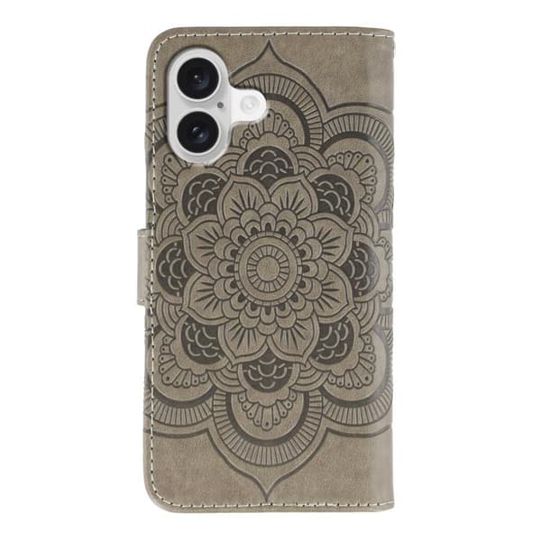 iPhone 17 Skal läderfodral med sol mandala präglad design Grå