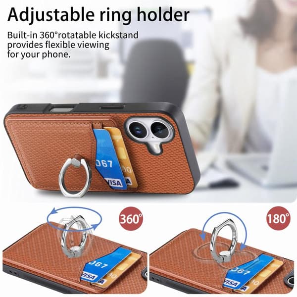 iPhone 17 Skal - Kolfiber med Kortficka och Ring Brun