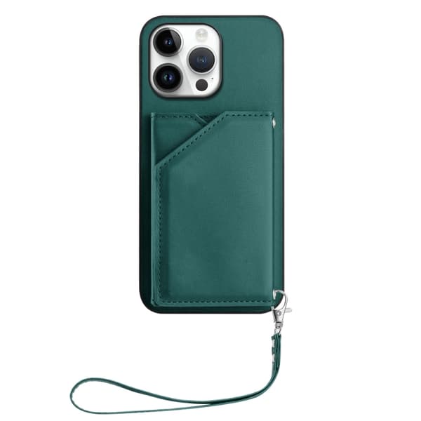 iPhone 16 Pro Skal med Fyra Kortfack och Handledsrem Grön