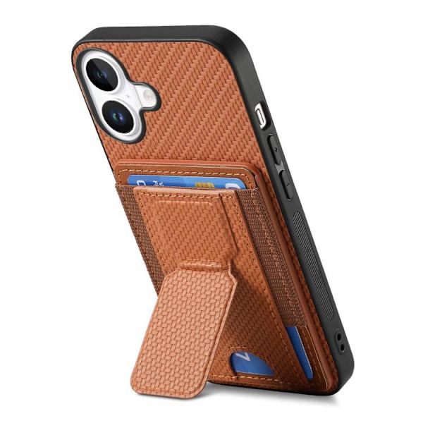 iPhone 17 Skal - Kolfiber med Fällbart Ställ och Elastisk Kortficka Brun