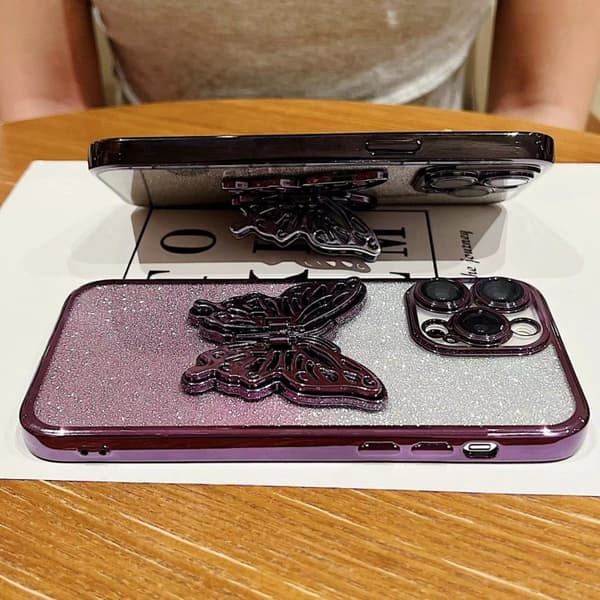 iPhone 16 Pro Max Skal med Elektropläterad Gradient Glittrande 3D Fjäril TPU Gradient svart