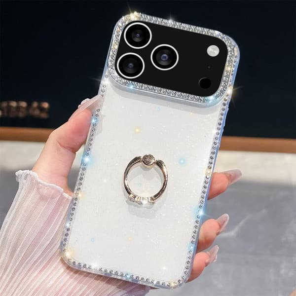 iPhone 18 Pro Max / iPhone 17 Pro Max Skal med Rhinestone Glitter och Ringhållare, Anti-fall Vit