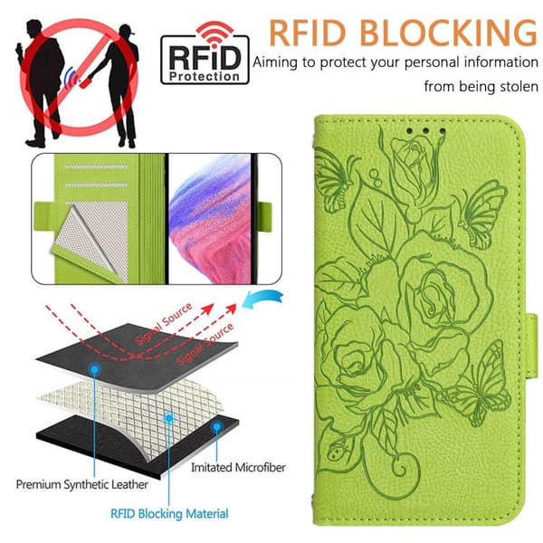 iPhone 18 Pro Max / iPhone 17 Pro Max Skal läderfodral med präglad ros och RFID-skydd Grön