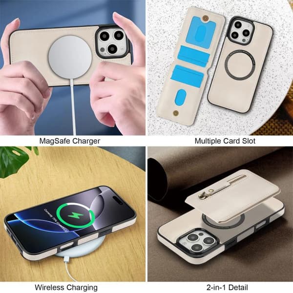 iPhone 16 Pro Zipper Wallet Split MagSafe Läder Fodral Skal Vit