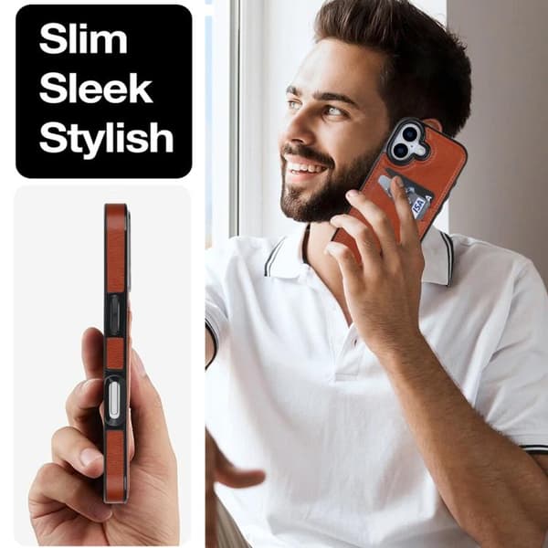 iPhone 17 Litchi Läder Skal med Kortfack Brun