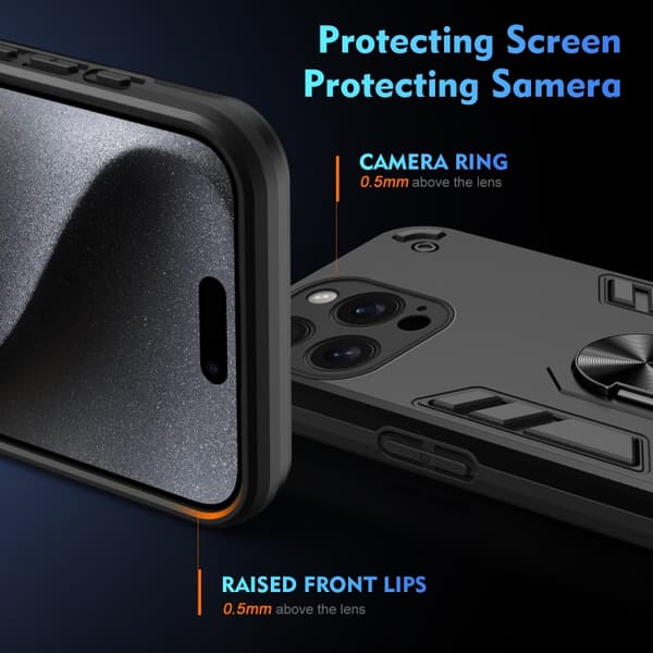 iPhone 16 Pro Shockproof Metallringhållare Skal Svart