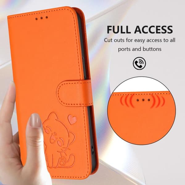 iPhone 18 Pro Max / iPhone 17 Pro Max Skal läderfodral med präglat hjärta och kattdesign samt handrem Orange