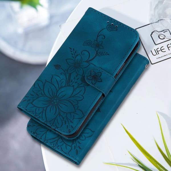 iPhone 17 Pro Max Skal Läderfodral med Lily Prägling Mörkblå