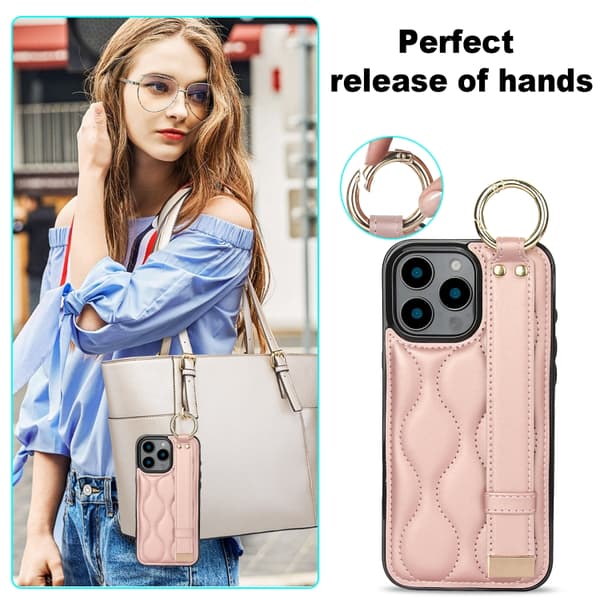 iPhone 16 Pro Skal med Handledsrem - Non-slip Full Coverage PU Skydd Roséguld