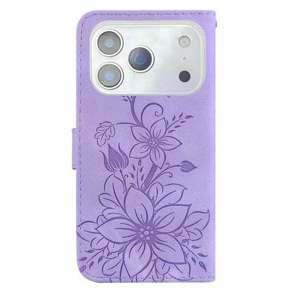 iPhone 18 Pro / iPhone 17 Pro Skal Läderfodral med Lily Prägling Purpur