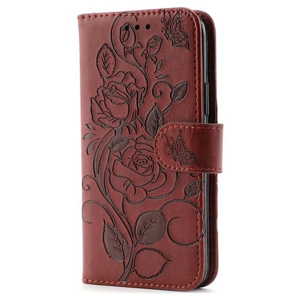 iPhone 18 Pro Max / iPhone 17 Pro Max Skal Läderfodral med Rosafärgad Fjäril Prägling Brun
