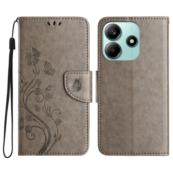 Redmi Note 14 5G - Flip Läderfodral med Fjärilsblomsterdesign Grå