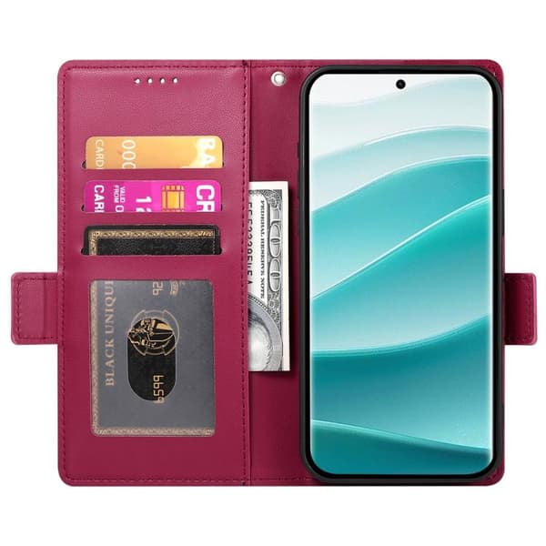 Redmi Note 14 Pro 4G - Magnetisk Frostad Läderfodral med Sidobuckle Vinrött