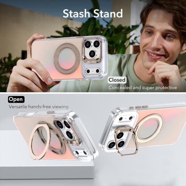 iPhone 17 Pro Max Gradient Färgförändring Rotera Hållare Linse Kickstand Magsafe Skal Vit