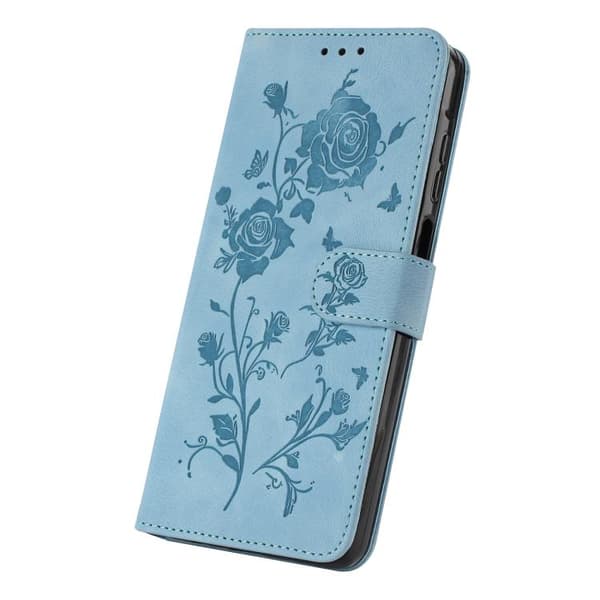 iPhone 18 Pro Max / iPhone 17 Pro Max Skal läderfodral med rosblomma präglad mönster Himmelsblå