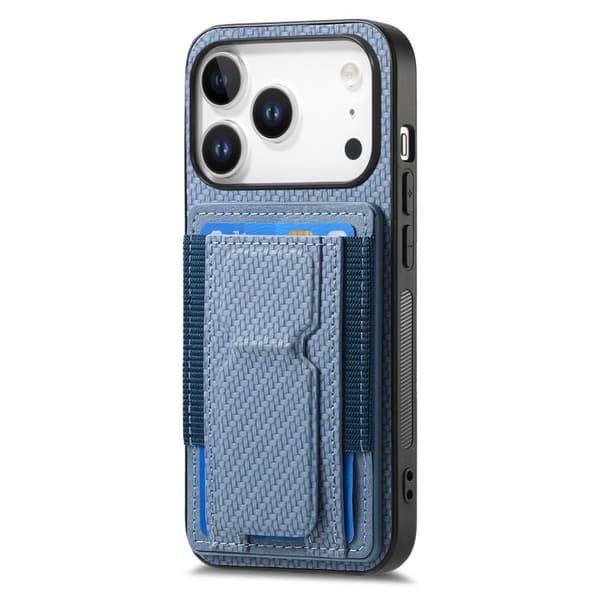 iPhone 18 Pro Max / iPhone 17 Pro Max Skal - Kolfiber med Fällbart Ställ och Elastisk Kortficka Blå