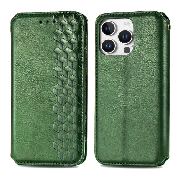 iPhone 16 Pro Cubic Grid Pressad Magnetisk Läder Skal - Fodral Grön