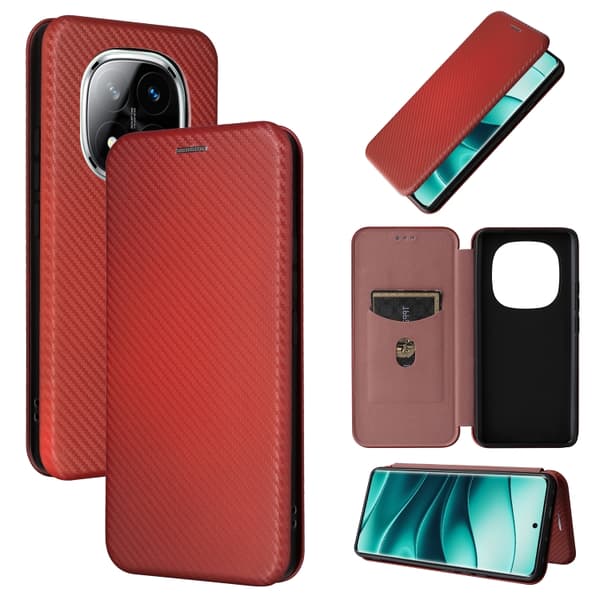 Redmi Note 14 Pro 4G Global - Flip Läderfodral med Kolfibertextur Brun