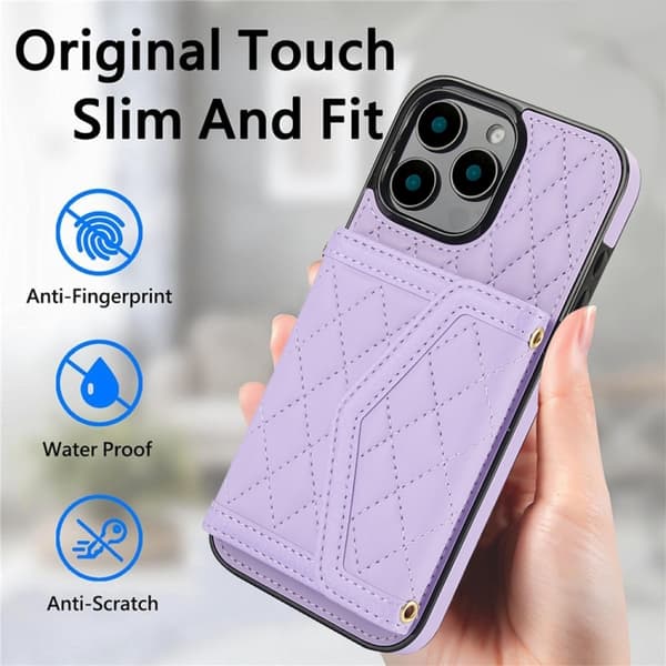 iPhone 16 Pro Max Skal med Splicing Rhombic Textur och Lång Lanyard Purpur
