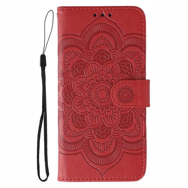 iPhone 17 Pro Skal läderfodral med sol mandala präglad design Röd