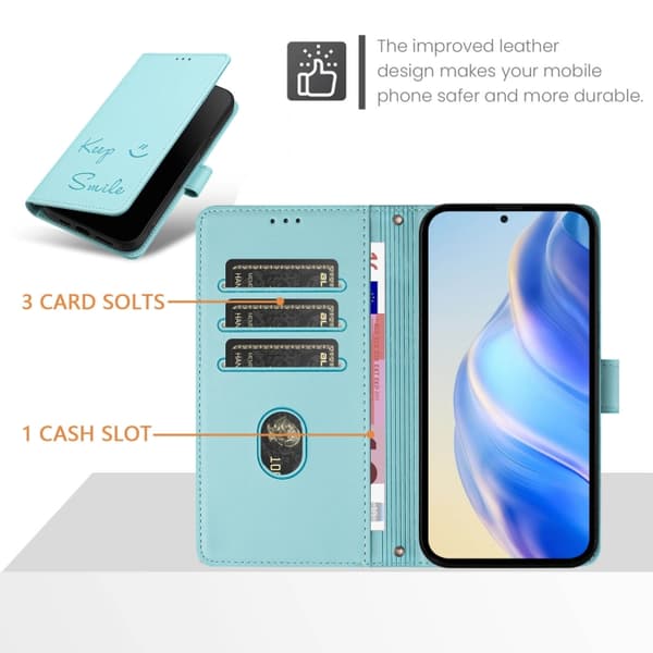 Redmi Note 14 5G - RFID Läderfodral med Smile Embossing Mintgrön