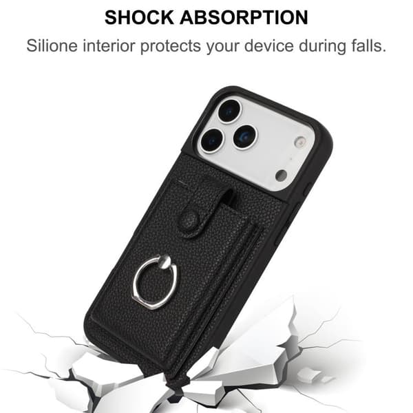 iPhone 17 Pro Skal med Litchi-textur och Ringhållare Svart