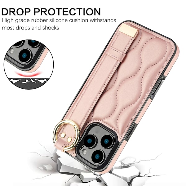 iPhone 16 Pro Max Skal med Handledsrem - Non-slip Full Coverage PU Skydd Roséguld