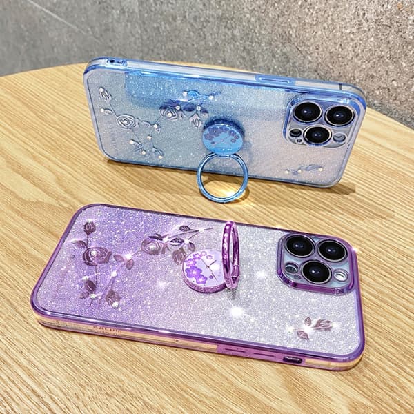 iPhone 16 Pro Max Skal med Gradient Glitter och Immortal Flower Design - Allt-i-ett Telefonfodral Purpur