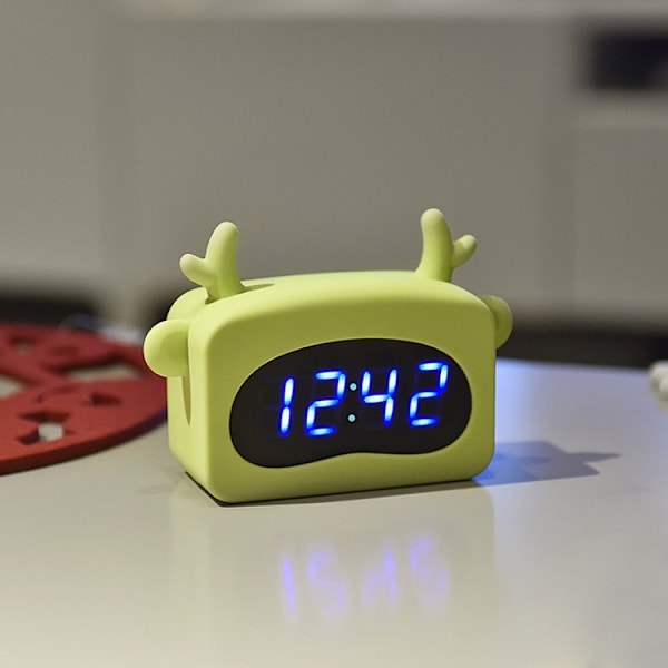Mini söt tecknad multifunktionell digital lysande termometer liten väckarklocka (grön hjort)