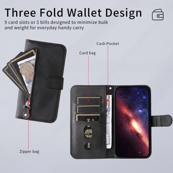 Redmi Note 14 4G - Mode Kalfskinn Textur Zipper Läder Mobilfodral Svart