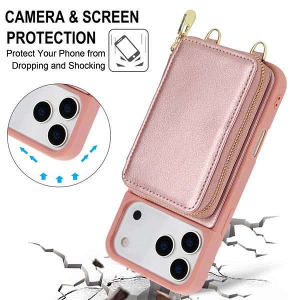 iPhone 18 Pro Max / iPhone 17 Pro Max Skal med Crossbody Dragkedja och RFID Kortficka Roséguld