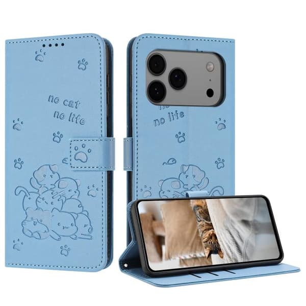 iPhone 18 Pro / iPhone 17 Pro Skal - läder med präglad katt och rem Blå