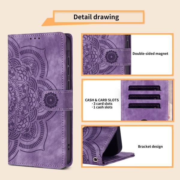 Redmi Note 14 4G - Mandala Prägad Retro Frosted Läderfodral Purpur