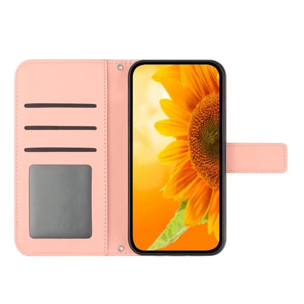 iPhone 18 Pro Max / iPhone 17 Pro Max Skal läderfodral med solblomma, präglad flip och lanyard Rosa