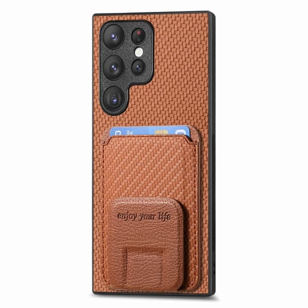 Samsung Galaxy S24 5G Skal i Kolfiber med Kortficka och Fällbart Ställ Brun