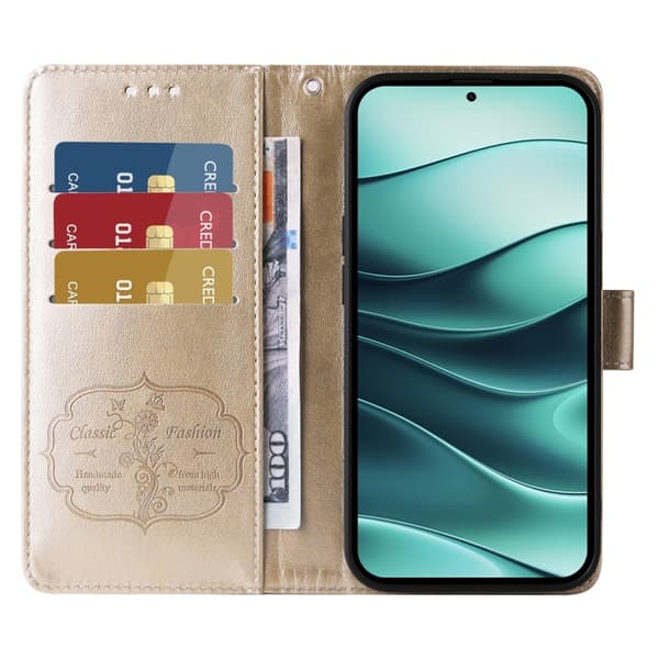 Redmi Note 14 5G - Prägling av fjärilsblommor Läderfodral Guld
