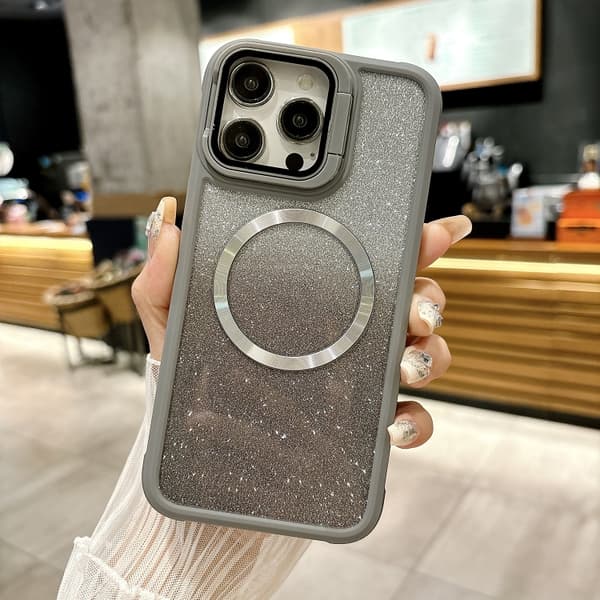 iPhone 16 Pro Max CD-korn Gradient Glitter Magsafe Akryl Hybrid TPU Skal Grå