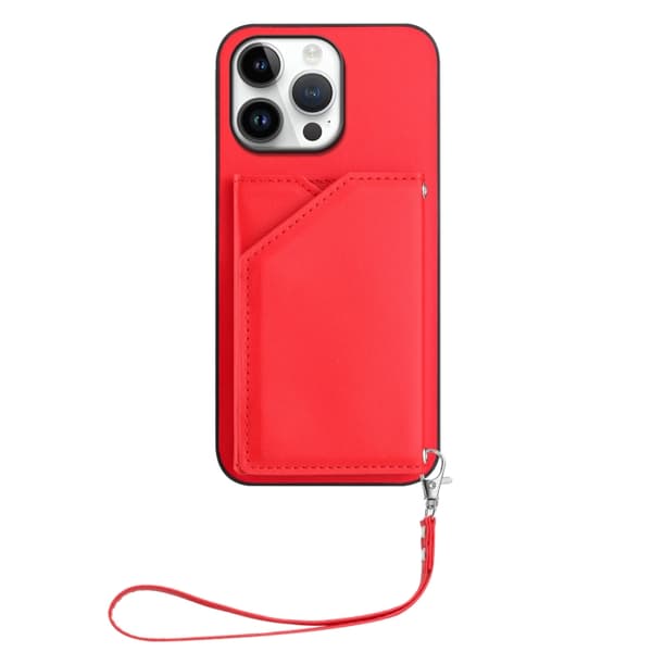 iPhone 16 Pro Skal med Fyra Kortfack och Handledsrem Röd