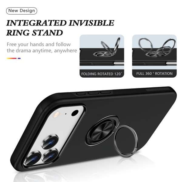 iPhone 18 Pro Max / iPhone 17 Pro Max Skal - PC + TPU med osynlig ringhållare Svart