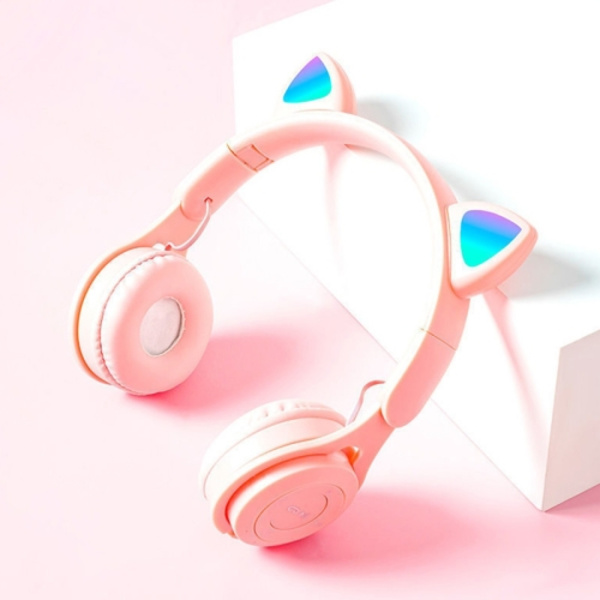 M6 Lysande Kattöron Renfärgade Fällbara Bluetooth-headset med 3,5 mm Jack & TF-kortplats Rosa