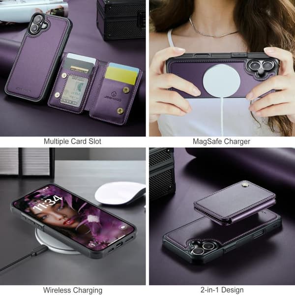 iPhone 17 Skal läderfodral JEEHOOD Business Magnetisk Stil RFID Purpur
