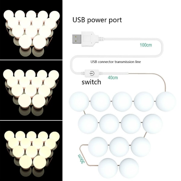 14 LED-lampor spegel frontljus dimbar smink spegel USB touch control ljus