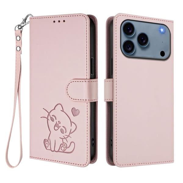 iPhone 18 Pro / iPhone 17 Pro Skal läderfodral med präglat hjärta och kattdesign samt handrem Rosa