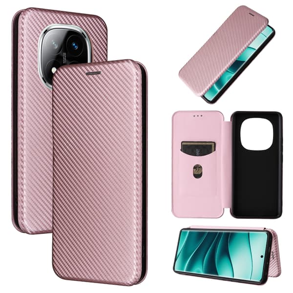 Redmi Note 14 Pro 4G Global - Flip Läderfodral med Kolfibertextur Rosa